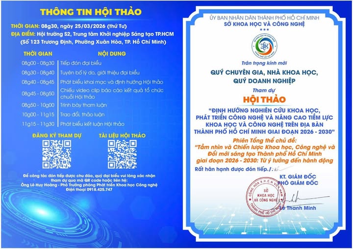 “ĐỊNH HƯỚNG NGHIÊN CỨU KHOA HỌC, PHÁT TRIỂN CÔNG NGHỆ VÀ NÂNG CAO TIỀM LỰC KHOA HỌC CÔNG NGHỆ TRÊN ĐỊA BÀN TP.HCM GIAI ĐOẠN 2026 - 2030”